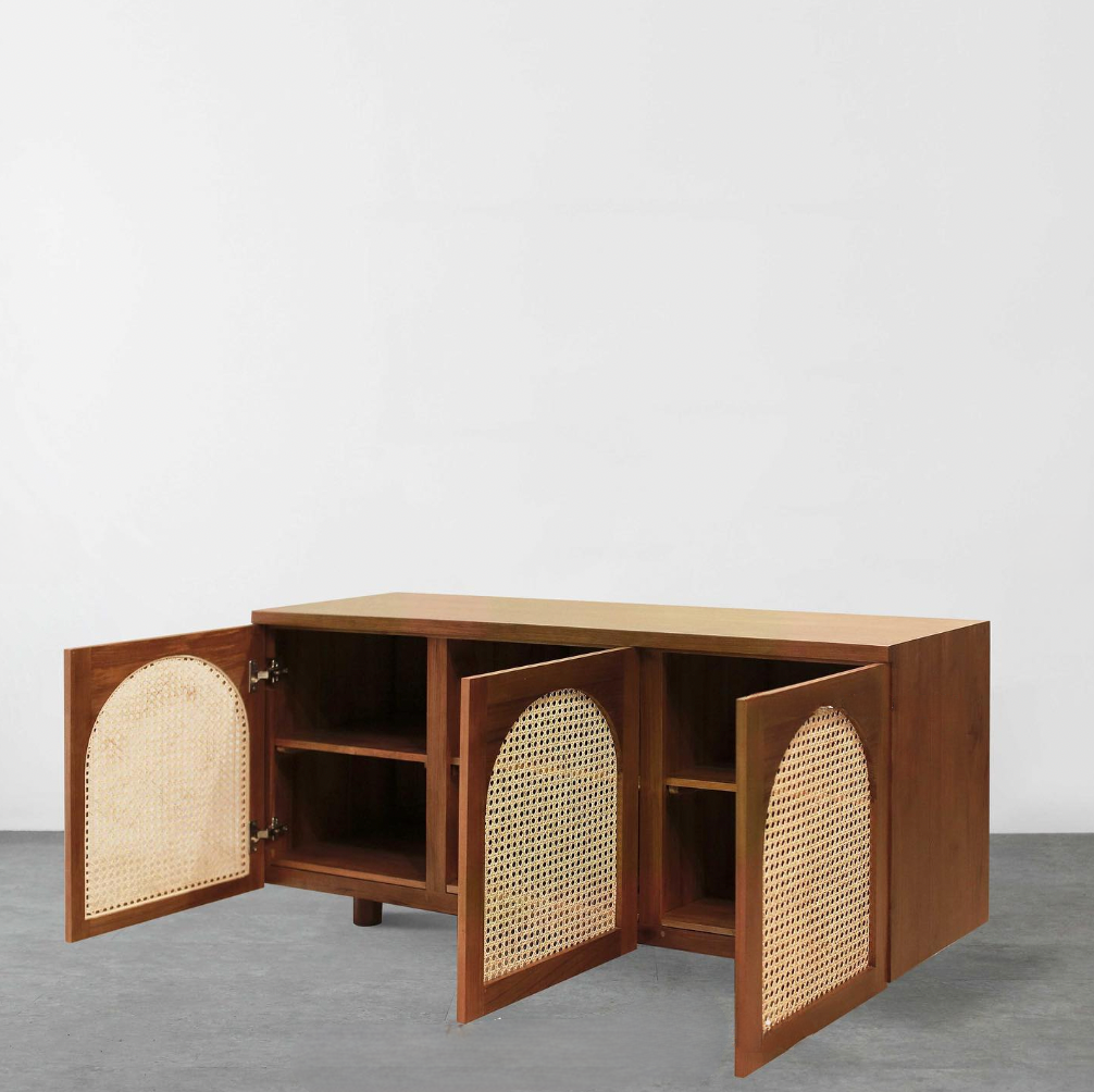 Stylish Solid Teak & Rattan Cabinet