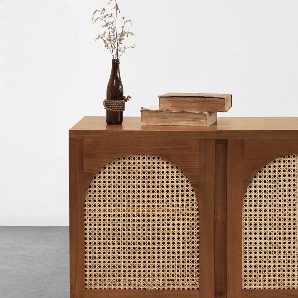 Stylish Solid Teak & Rattan Cabinet