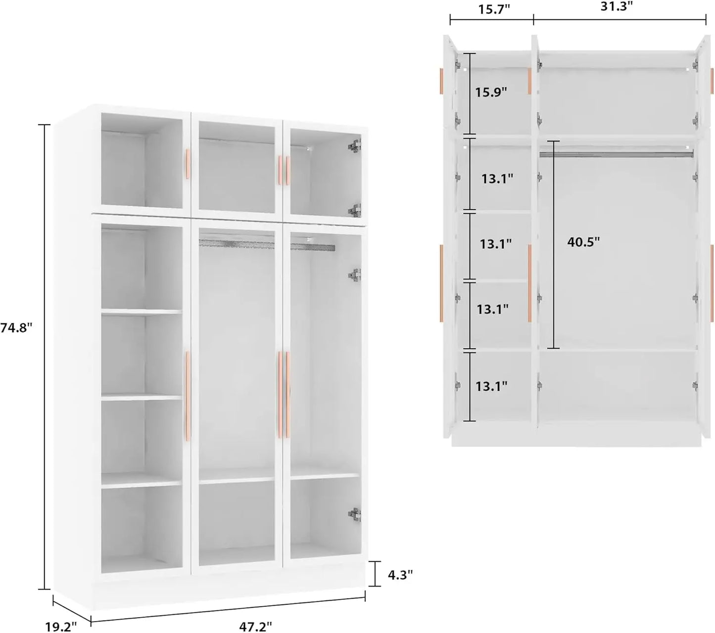 Wardrobe with LED Lights, 5-storey Bookshelf and 6 Glass Doors, 47.2-inch Wooden Display Cabinet with Hanging Pole
