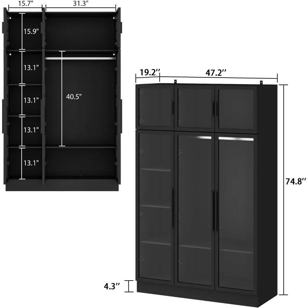 Wardrobe with LED Lights, 5-storey Bookshelf and 6 Glass Doors, 47.2-inch Wooden Display Cabinet with Hanging Pole