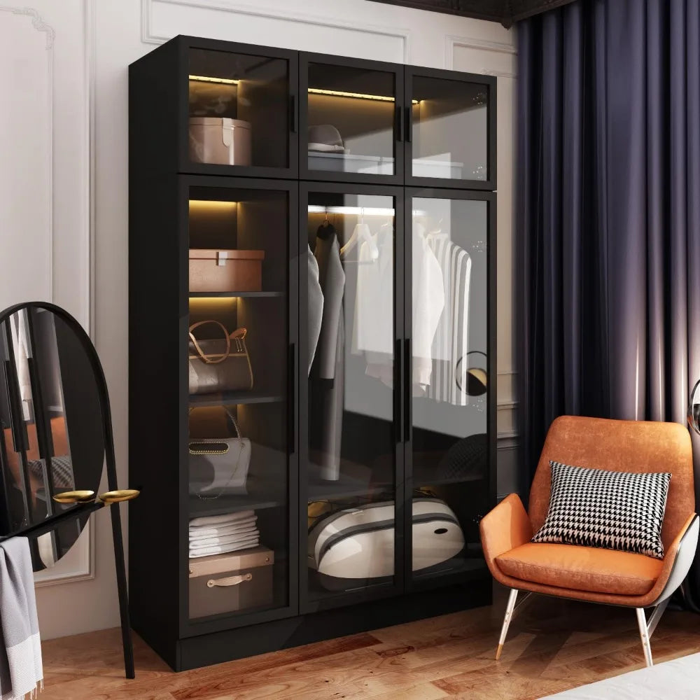 Wardrobe with LED Lights, 5-storey Bookshelf and 6 Glass Doors, 47.2-inch Wooden Display Cabinet with Hanging Pole