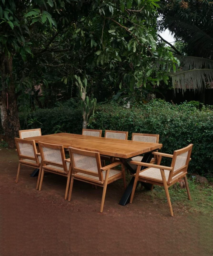 Minimalist Dining Set - Teak Wood & Rattan